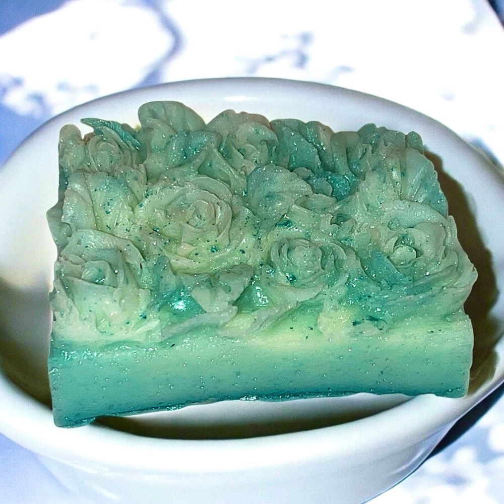 Jasmine shimmer soap Handcrafted 3D roses Bar - Green 3x2in 4oz